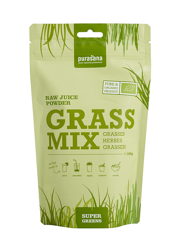 Purasana Grassenmix sappoeder/poudre jus herbes mix bio (200 Gram) Purasana Grassenmix sappoeder/poudre jus herbes mix bio (200 Gram)