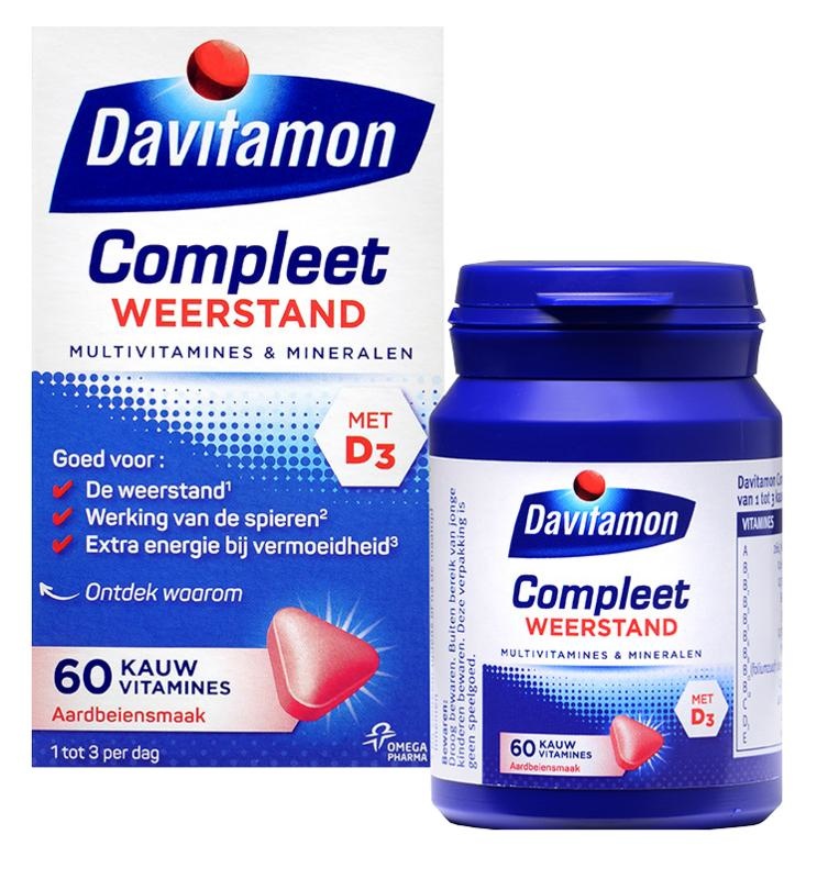 Davitamon Davitamon Compleet weerstand kauwvitamines aardbei (60 Kauwtab)