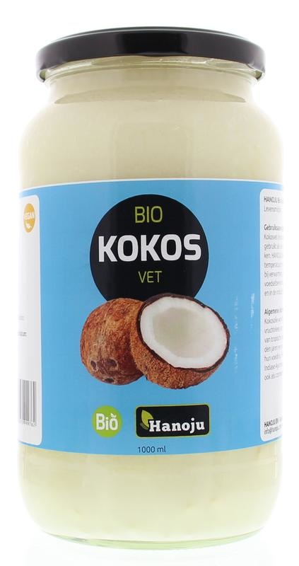 Hanoju Kokosolie geurloos bio glasfles (1 liter)