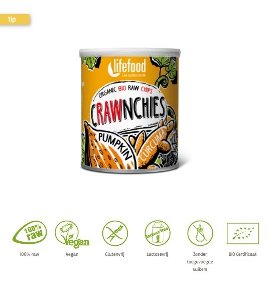 Lifefood Lifefood Crawnchies stapelchips pompoen kurkuma raw & bio (30 gr)