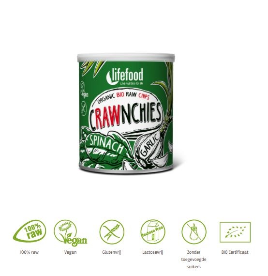 Lifefood Crawnchies stapelchips spinazie knoflook raw & bio (30 gram)