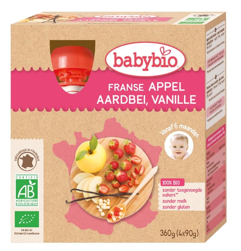 Babybio Appel aardbei vanille 90 gram (4 stuks)