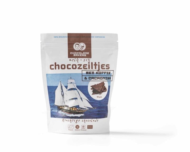 Chocolatemakers Chocolatemakers Chocozeiltjes donkere melk 52% koffie & nibs bio (100 gr)