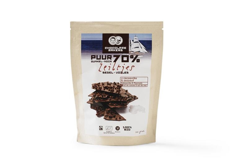 Chocolatemakers Chocolatemakers Bio chocozeiltjes puur 70% met zeezout en nibs (100 gr)