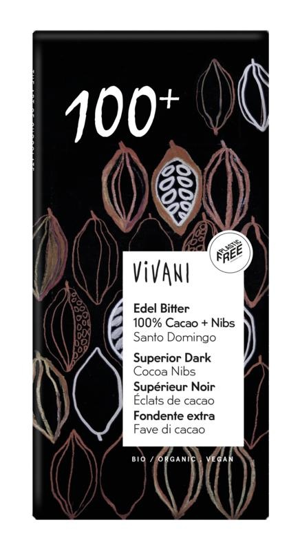 Vivani Chocolade puur superieur 100% + cacao nibs bio (80 Gram)