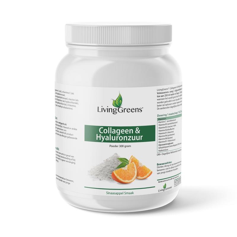 LivingGreens, Collageen en Hyaluronzuur-poeder-300 gram-huid-gehydrolyseerd-gewrichten-verjonging-facelift-sinaasappelsmaak
