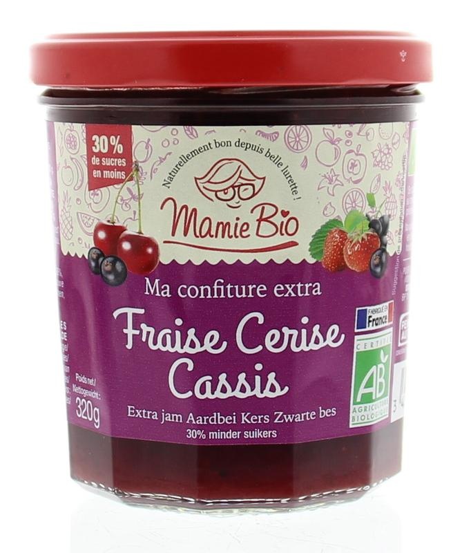 Mamie Bio Extra jam aardbei kers zwarte bes bio (320 Gram) Mamie Bio Extra jam aardbei kers zwarte bes bio (320 Gram)
