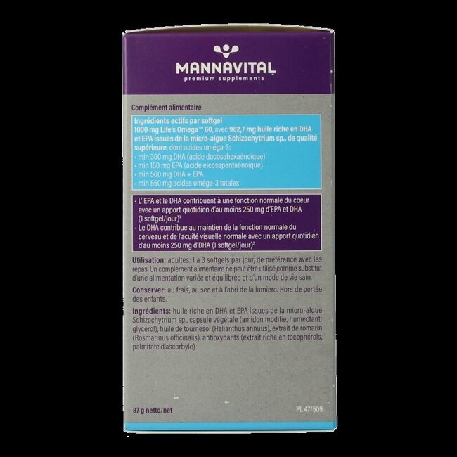 Mannavital Omega-3 huile d'algues platinum 60 capsules molles