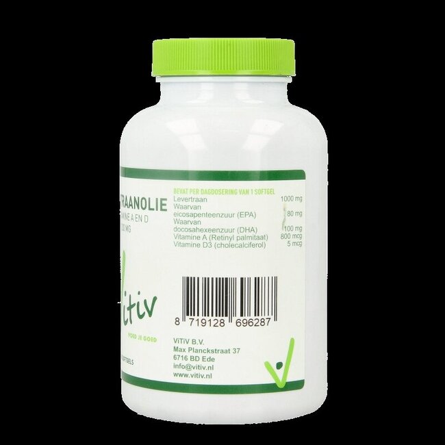 Vitiv Huile de Foie de Morue 1000 mg Vitamine A D 100 Capsules Molles