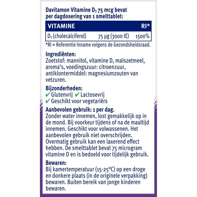 Davitamon Vitamine D volwassenen 75mcg smelttablet 75 Tabletten