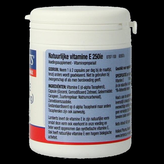 Lamberts Vitamine E 250IE natuurlijk 100 Vegetarische capsules