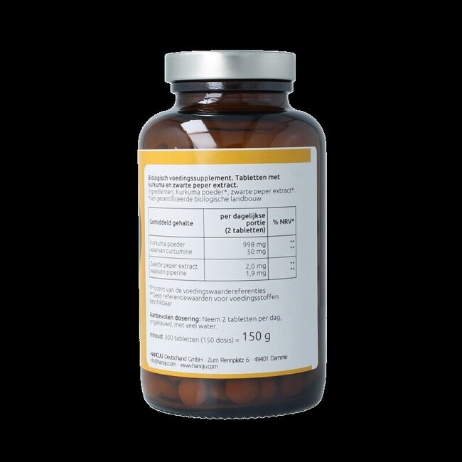 Hanoju Poudre de curcuma + pipérine 500 mg bio 300 comprimés
