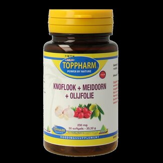 Toppharm Toppharm Knoflook + meidoorn + olijfolie puur 250mg 50 Softgels