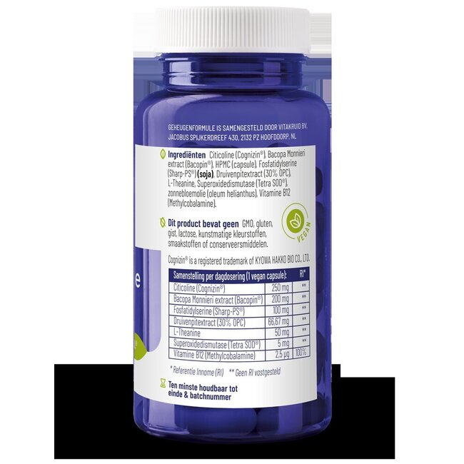 Vitakruid Formule Mémoire avec Bacopa monnieri, Citicoline et OPC, 60 capsules végétariennes