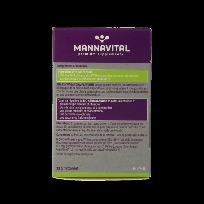 Mannavital Ashwagandha platinum bio 60 gélules végétales
