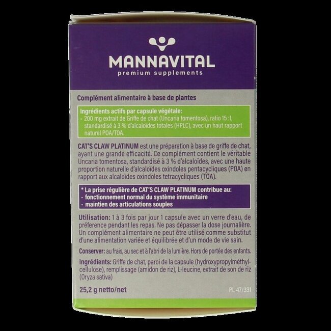 Mannavital Cat's claw platinum 60 Gélules