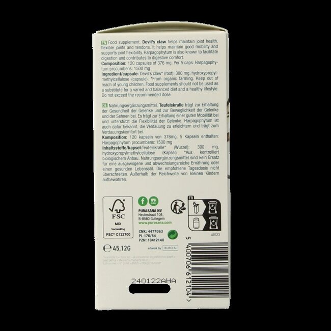 Purasana Duivelsklauw vegan bio 120 Vegetarische capsules