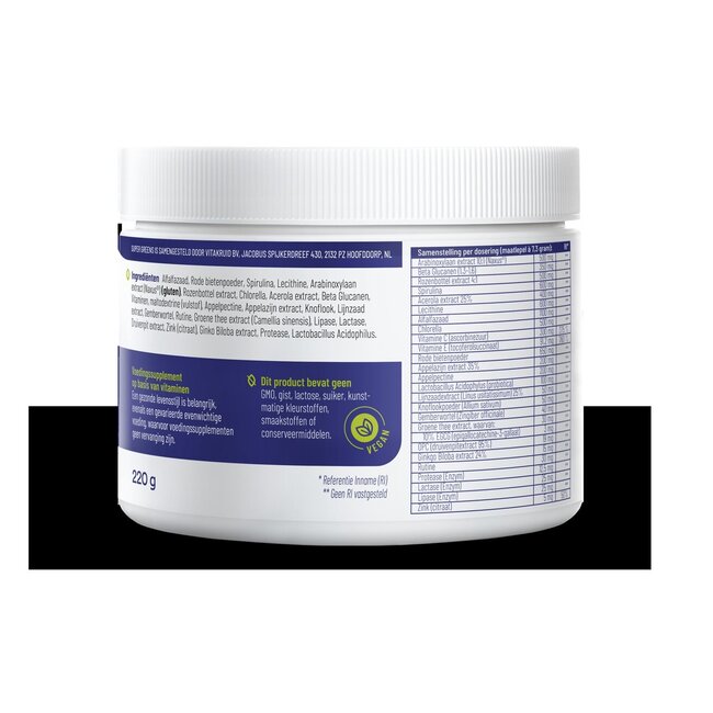 Vitakruid Super Greens 25 nutrienten oa probiotica & enzymen 220 Gram