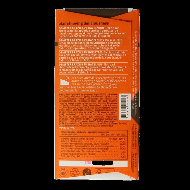 Chocolatemakers Brazil hazelnoot 65% puur demeter bio 80 Gram