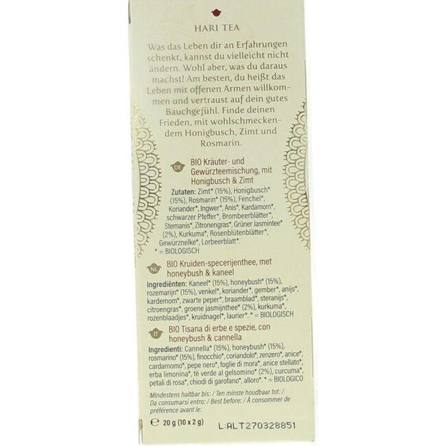 Hari Tea Honeyrush cannelle romarin légèreté bio 10 sachets