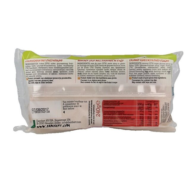 Damhert Anneaux à la noix de coco fourrage aux fruits sans gluten 240 g