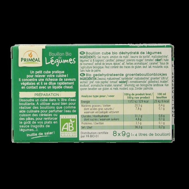 Primeal Groentebouillon blokjes 9 gram bio 8 Stuks