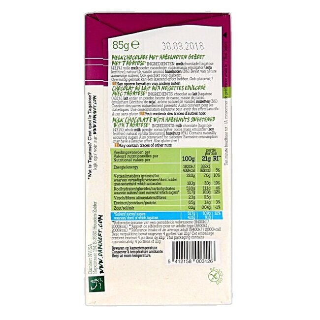 Damhert Tablette de chocolat aux noisettes teneur réduite en sucres 85 g