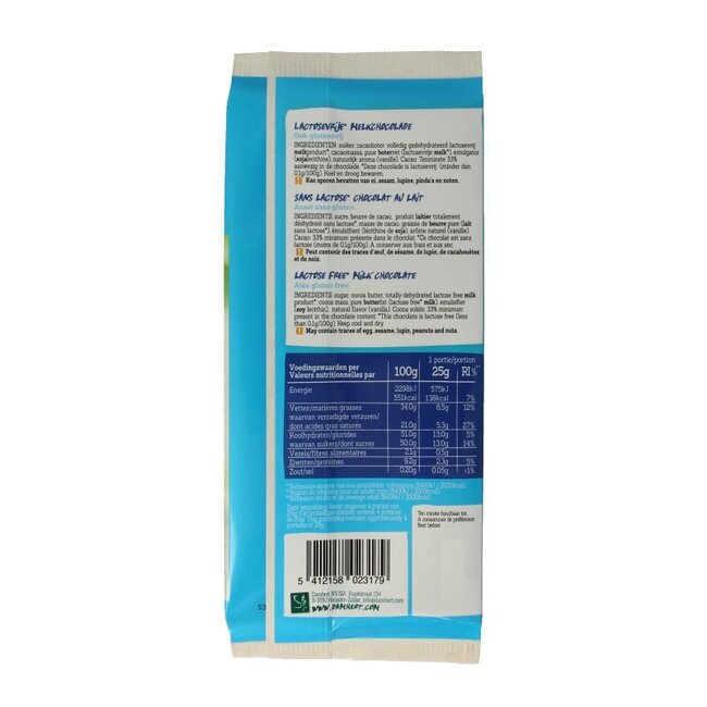 Tablette de chocolat au lait Damhert sans gluten et sans lactose 100 grammes