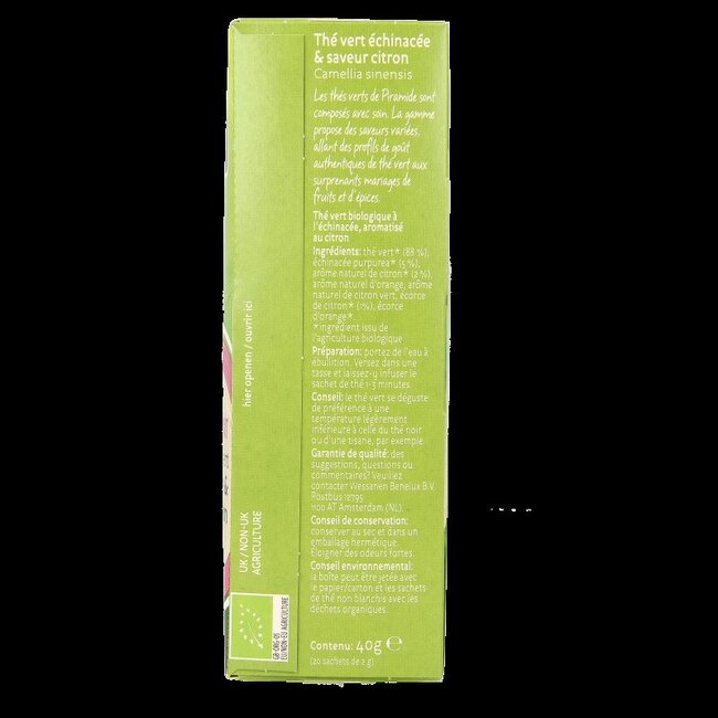 Piramide Thé vert rafraîchissant citron & échinacée bio 20 sachets