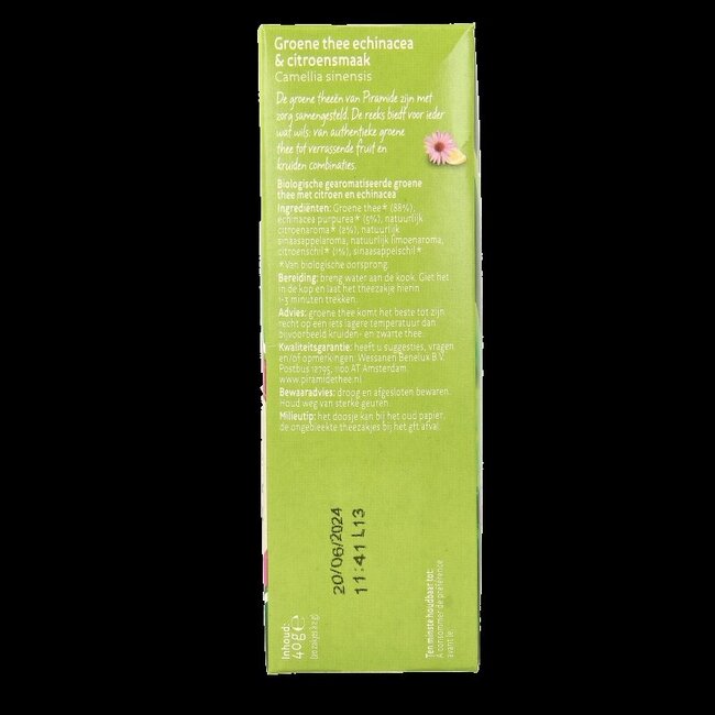 Piramide Thé vert rafraîchissant citron & échinacée bio 20 sachets