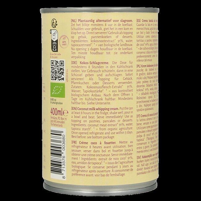 TerraSana Crème de coco à fouetter 30% de matières grasses bio 400 ml