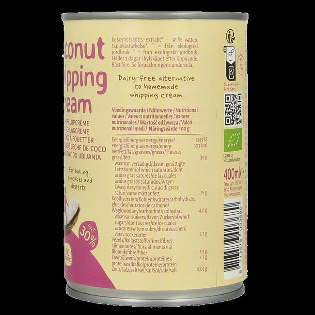 TerraSana Crème de coco à fouetter 30% de matières grasses bio 400 ml