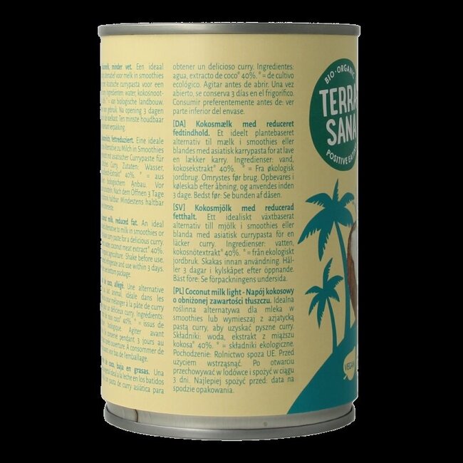 TerraSana Lait de coco léger 11% de matières grasses bio 400 ml