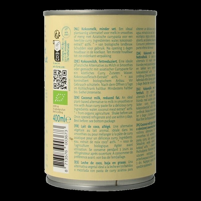TerraSana Lait de coco léger 11% de matières grasses bio 400 ml
