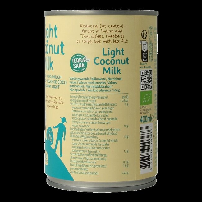 TerraSana Lait de coco léger 11% de matières grasses bio 400 ml