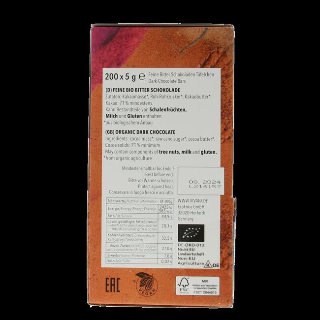 Vivani Chocolat naps pur 5 grammes bio 200 Pièces