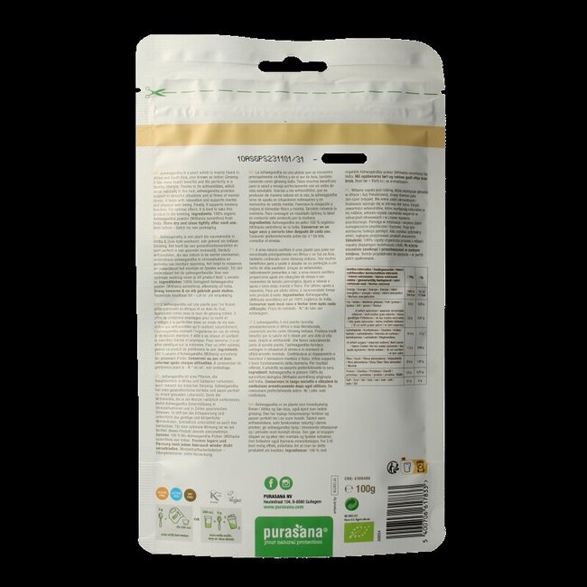 Purasana Ashwagandha poeder vegan bio 100 Gram