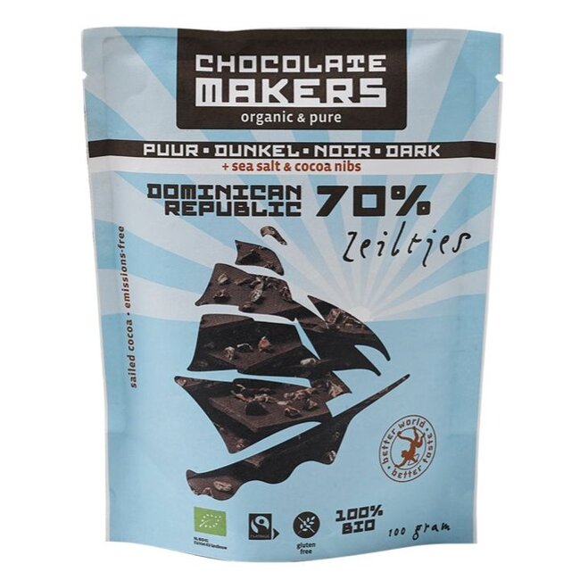 Chocolatemakers Zeiltjes puur 70% met cacaonibs & zeezout bio 100 Gram