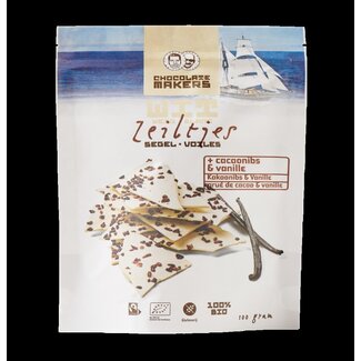 Chocolatemakers Chocolatemakers Zeiltjes wit met cacaonibs & vanille bio 100 Gram