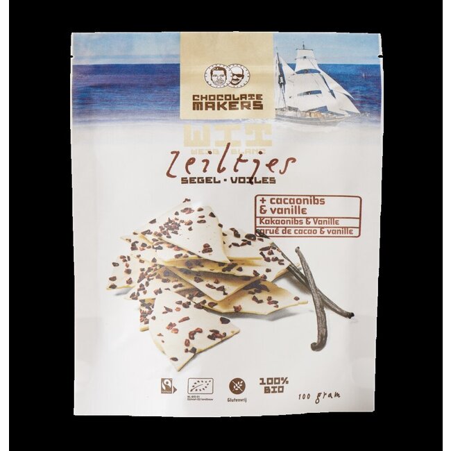 Chocolatemakers Zeiltjes wit met cacaonibs & vanille bio 100 Gram