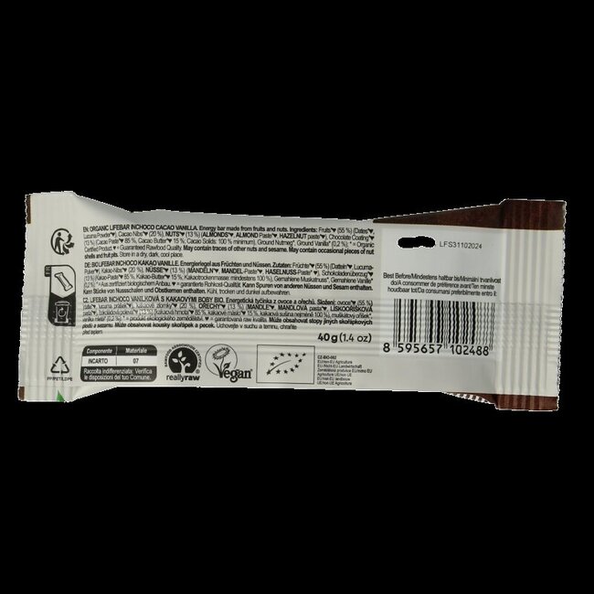 Lifefood Lifebar inchoco chocolat vanille cru bio 40 g