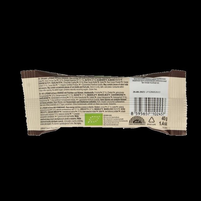 Lifefood Lifebar inchoco orange bio cru 40 grammes