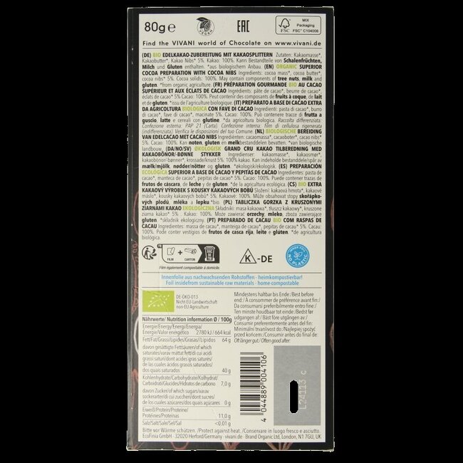 Vivani Chocolat noir supérieur 100 % + éclats de cacao bio 80 g