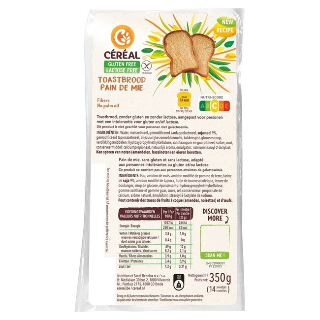 Cereal Toastbrood gluten- en lactosevrij 350 Gram