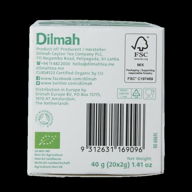 Dilmah Thé vert de Ceylan pur bio 20 sachets