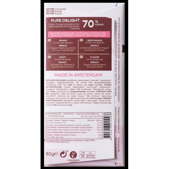 Chocolatemakers Pure Delight 70% pur bio 80 Grammes