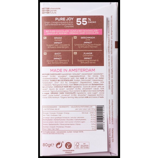 Chocolatemakers Pure Joy 55% noir à la cannelle bio 80 g