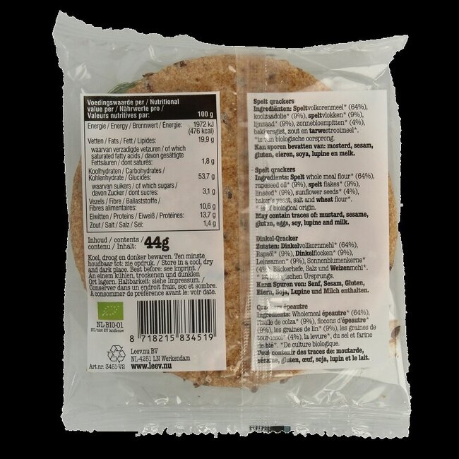 Leev Spelt qrackers volkoren & lijnzaad bio 44 Gram