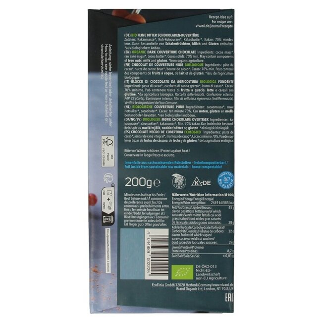 Vivani Couverture Chocolat Noir Bio 200 g