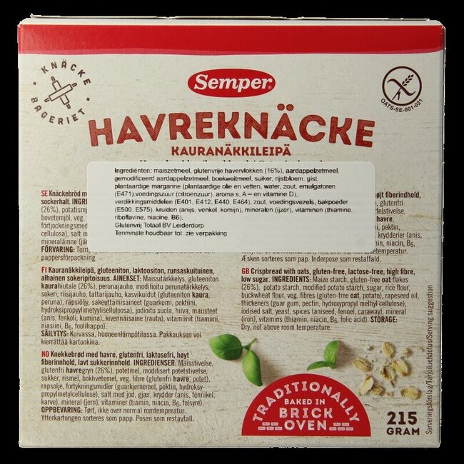 Semper Haverknackebrod glutenvrij 215 Gram
